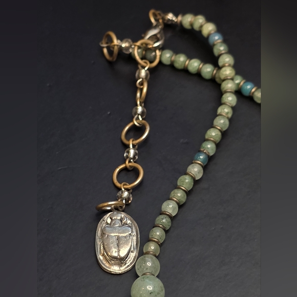 Jade Beaded Necklace W/ Lampwork Pendant And Egyptian Scarab Hangtag - Picture 3 of 7